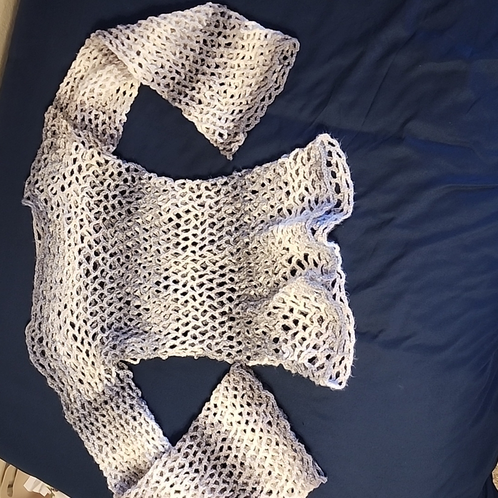 Women's Yarn Mesh Crocheted Long Top (Coverlet). Extended Torso, Bell Sleeve.
